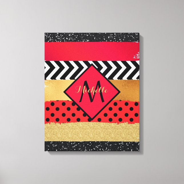 Red Black Gold Glitter Brush Stroke Monogrammed   Canvas Print (Front)