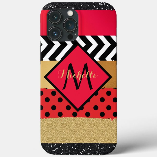 Red Black Gold Glitter Brush Stroke Monogrammed   Case-Mate iPhone Case (Back)