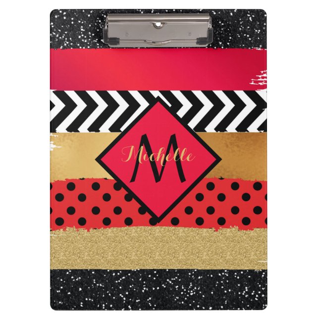 Red Black Gold Glitter Brush Stroke Monogrammed   Clipboard (Front)