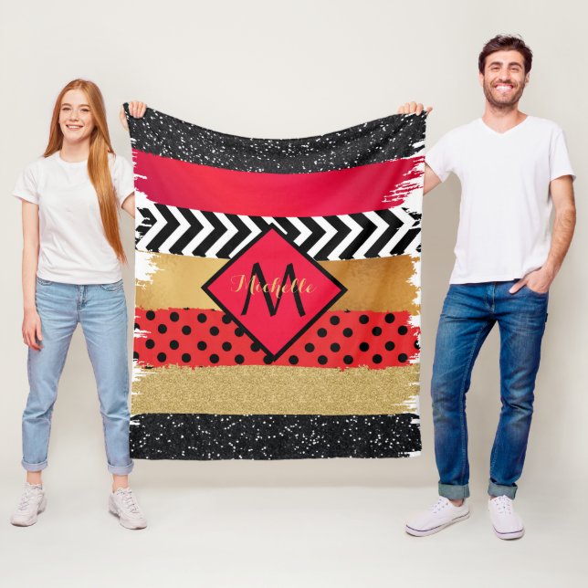 Red Black Gold Glitter Brush Stroke Monogrammed Fleece Blanket (In Situ)
