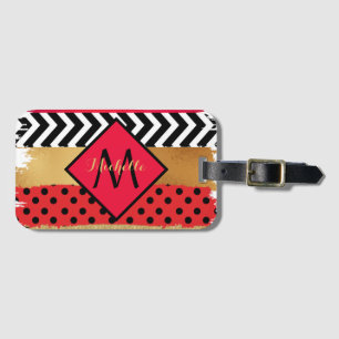 Red Black Gold Glitter Brush Stroke Monogrammed Luggage Tag
