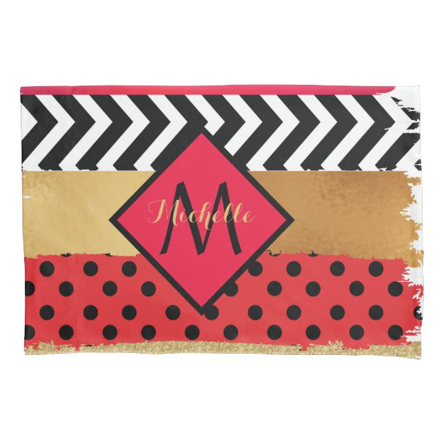 Red Black Gold Glitter Brush Stroke Monogrammed  Pillowcase (Front)