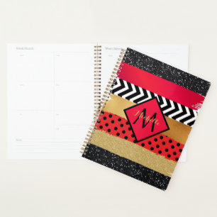 Red Black Gold Glitter Brush Stroke Monogrammed    Planner