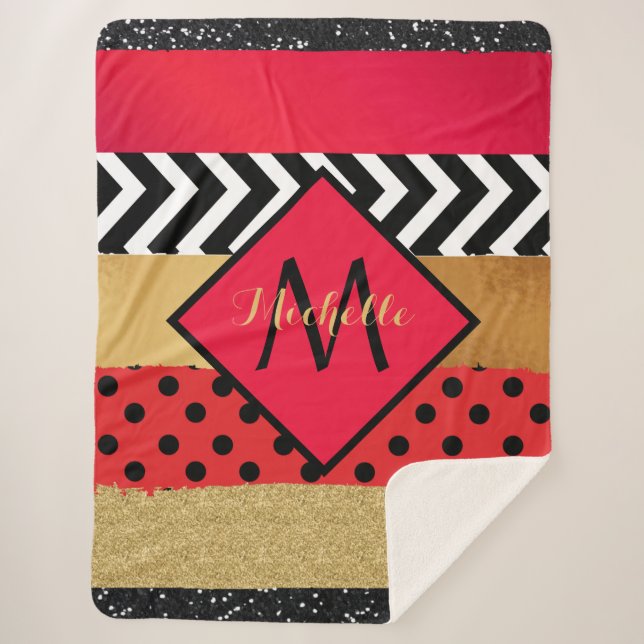 Red Black Gold Glitter Brush Stroke Monogrammed    Sherpa Blanket (Front)