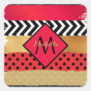 Red Black Gold Glitter Brush Stroke Monogrammed Square Sticker