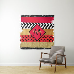 Red Black Gold Glitter Brush Stroke Monogrammed   Tapestry