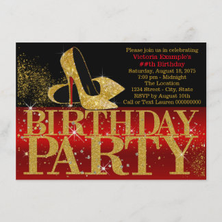Red Black Gold Glitter High Heel Birthday Party Invitation