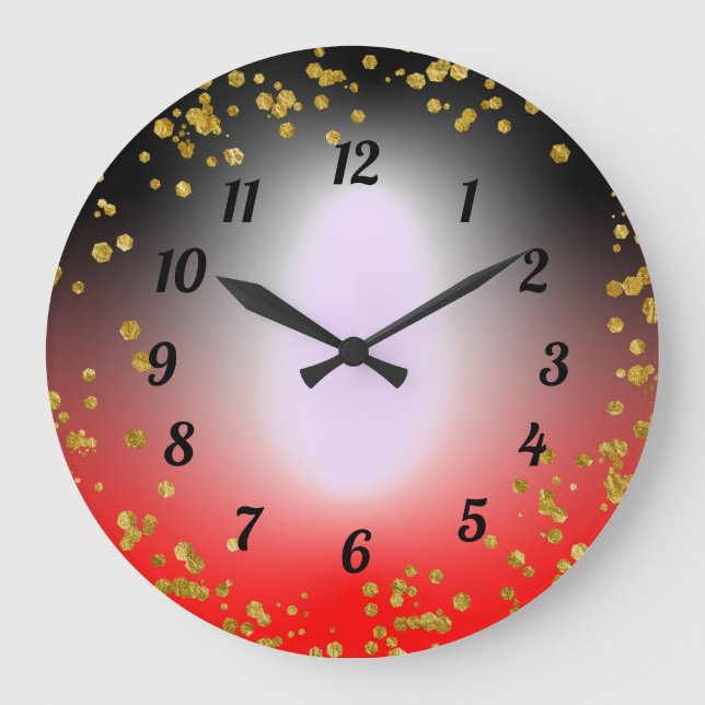 Red Black Gold Glitter Party Time Gift Idea Large Clock (Front)