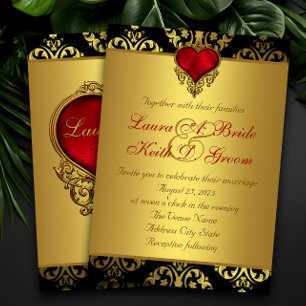 Red Black Gold Heart Wedding Invitation