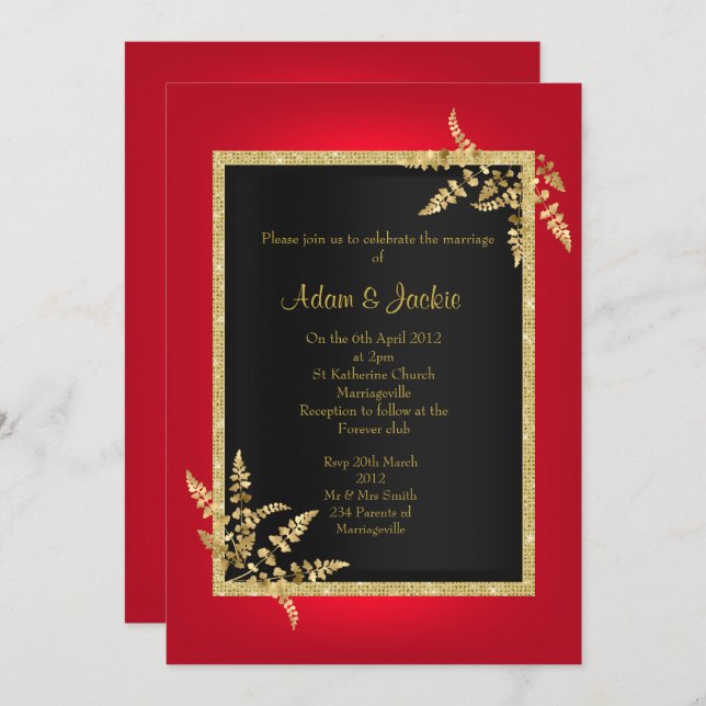 RED BLACK GOLD leaf ELEGANT CLASSY WEDDING Invitation (Front/Back)