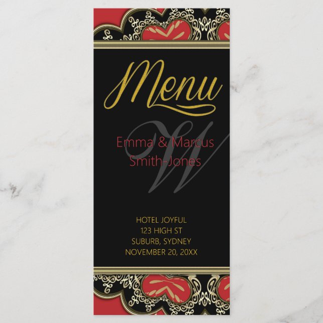 Red Black & Gold Modern Vintage Wedding Menu (Front)