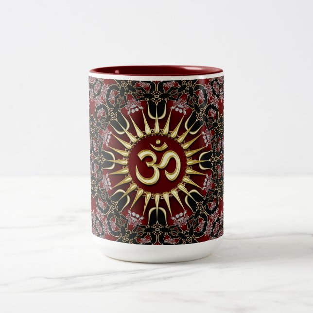 Red Black Gold OM Courage Energy Mandala Two-Tone Coffee Mug (Center)