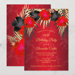 Red Black Gold Palms Hibiscus Damask Birthday Invitation