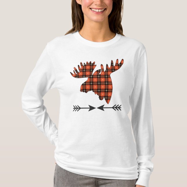 Red Black Gold Plaid Moose Head T-Shirt (Front)