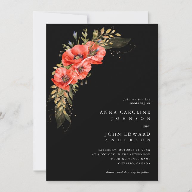 Red Black Gold Poppy Flowers QR Code Photo Wedding Invitation (Front)