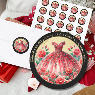Red Black Gold Quinceañera Dress Thank You Gifts Classic Round Sticker