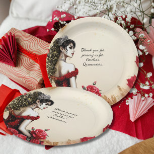 Red Black Gold Roses Quinceañera Dress Custom Paper Plate