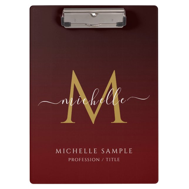 Red Black Gold Script Typography Name Monogram Clipboard (Front)