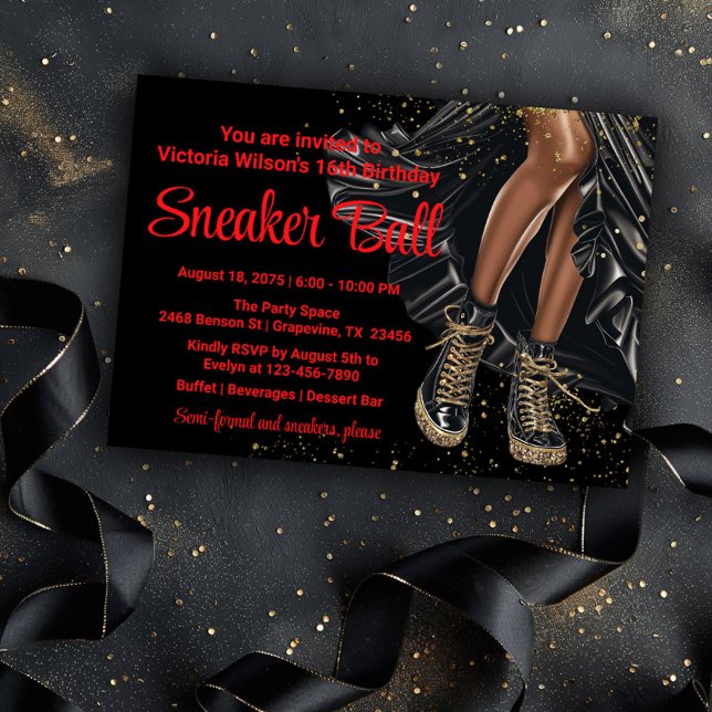 Red Black Gold Sneakers Sneaker Ball Invitation (Pretty black and gold sneaker ball invitation. You can change the background color and text color.)