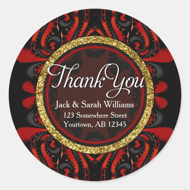 Red Black + Gold Thank You round Stickers (Front)