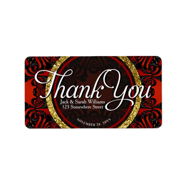 Red Black Gold ThankYou + Address Custom Text Label (Front)