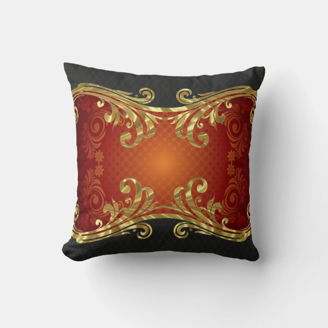 Red Black & Gold Tones Vintage Swirls Design Cushion (Front)
