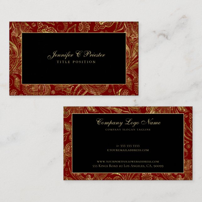 Red black gold vintage paisley pattern business card (Front/Back)