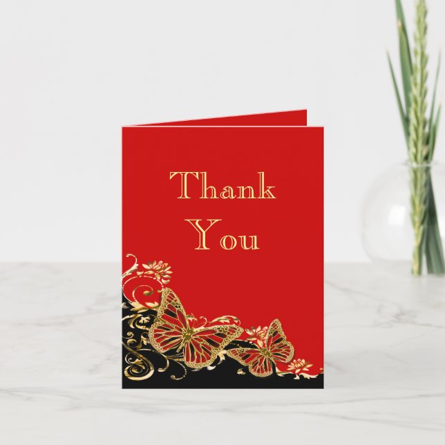 Red black gold wedding engagement thank you card (Front)