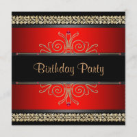 Red Black Gold Womans Birthday Party Invitations