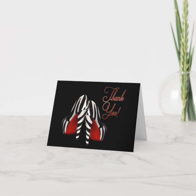 Red Black Gold Zebra High Heels Thank You Card (Front)