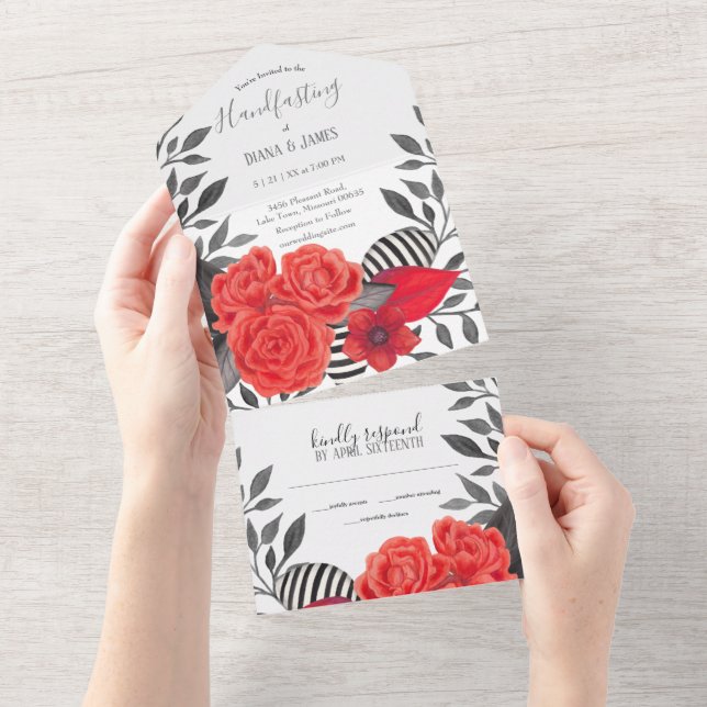 Red & Black Gothic Floral Handfasting All In One Invitation (Tearaway)