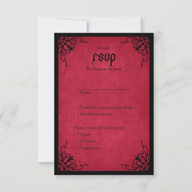 Red Black Gothic Wedding RSVP Card (Front)