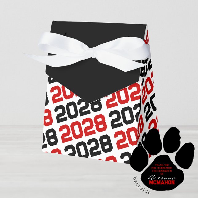 Red & Black Grad Thank You Pawprint Back Gift Favour Box (Red & Black Pawprint Class Year Graduation Favor Boxes. With Personalization on Back)