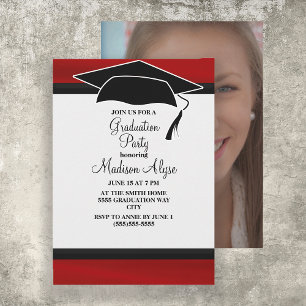 Red Black Graduation Cap Party Photo Invitation