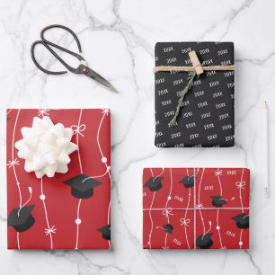 Red & Black Graduation Cap Toss Wrapping Paper Sheet