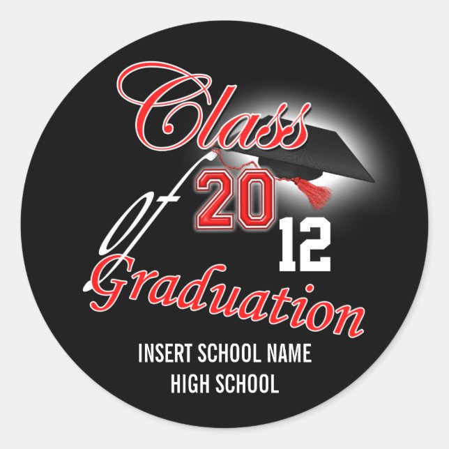 Red black graduation "class of" announcement classic round sticker (Front)