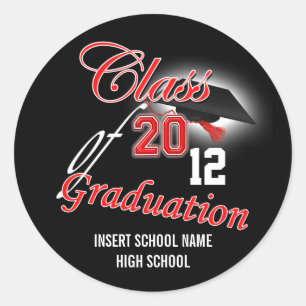 Red black graduation "class of" announcement classic round sticker