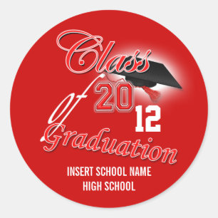 Red black graduation "class of" announcement classic round sticker