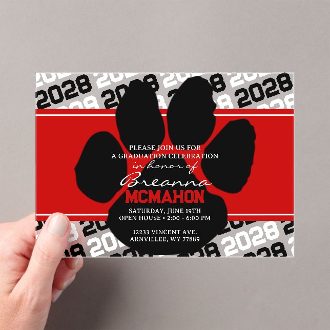 Red & Black Graduation Pawprint Frosted Acrylic Invitations (Insitu (Handheld))