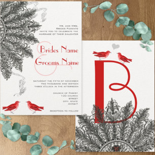 Red Black Great Gatsby Feather Fan Wedding Invitation