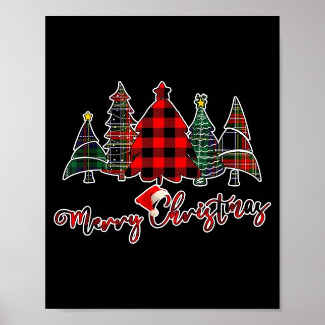 Red Black Green Buffalo Plaid Merry Christmas Tree Poster (Front)
