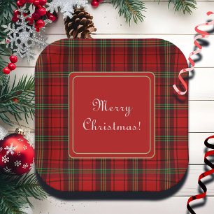 Red Black Green - Cosy Plaids Merry Christmas Paper Plate