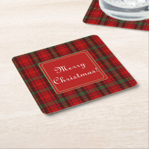 Red Black Green Cosy Plaids Merry Christmas Square Paper Coaster