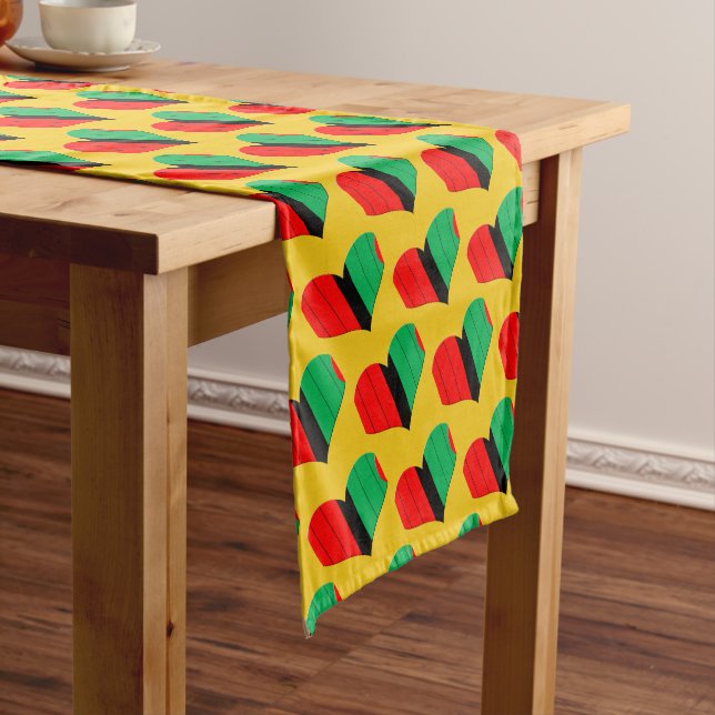Red Black Green Kinara Striped Hearts Kwanzaa Long Table Runner (In Situ)