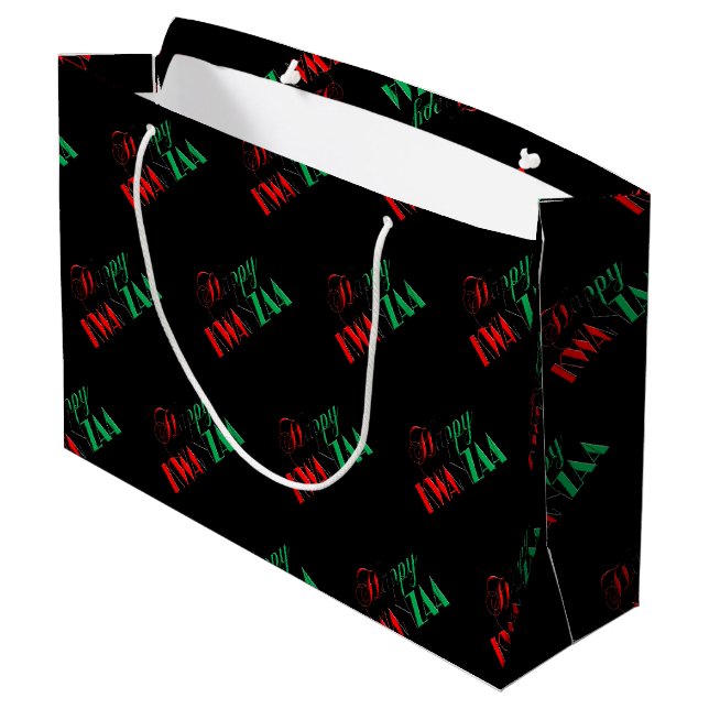 Red Black Green Kinara Typography Happy Kwanzaa Large Gift Bag (Back Angled)
