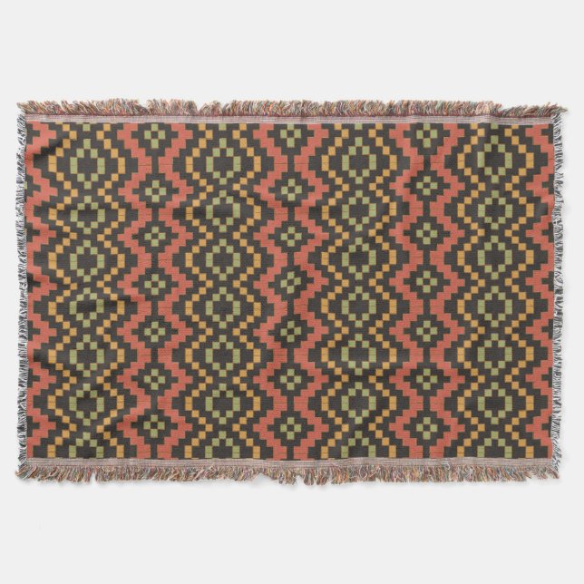 Red Black Green Tribal Egyptian Basket Weave Throw Blanket (Front)