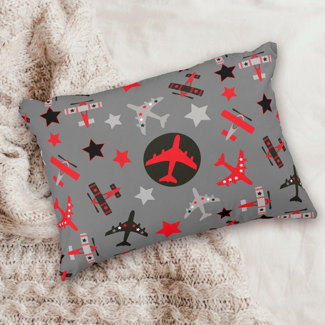 Red Black Grey Aeroplanes Pattern Decorative Cushion (Creator Uploaded)