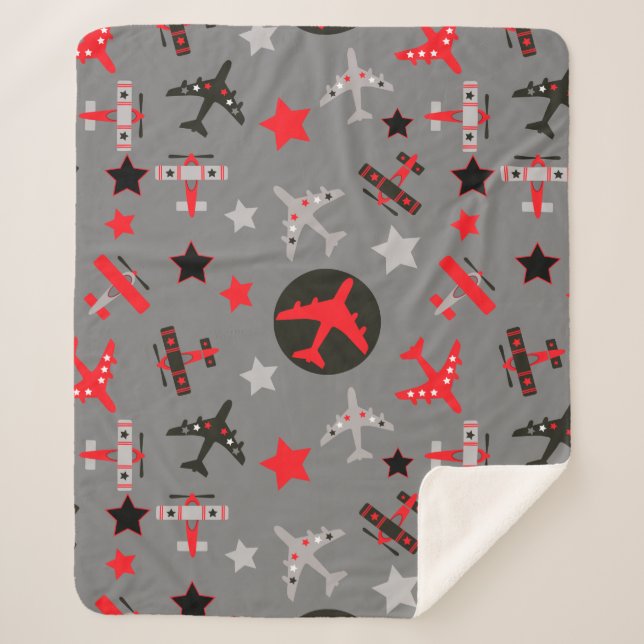 Red Black Grey AIrplanes Pattern Sherpa Blanket (Front)