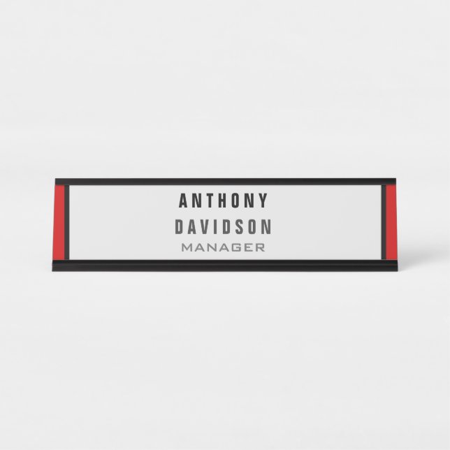 Red Black Grey Border Pattern Business Card Desk Name Plate (Front)