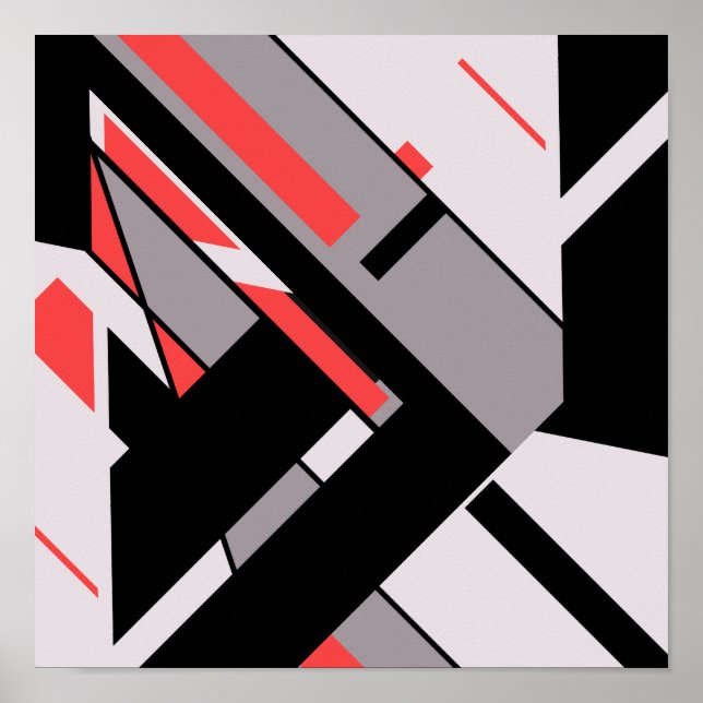 Red Black Grey Geometric MCM-like Diagonal Design Poster (Front)